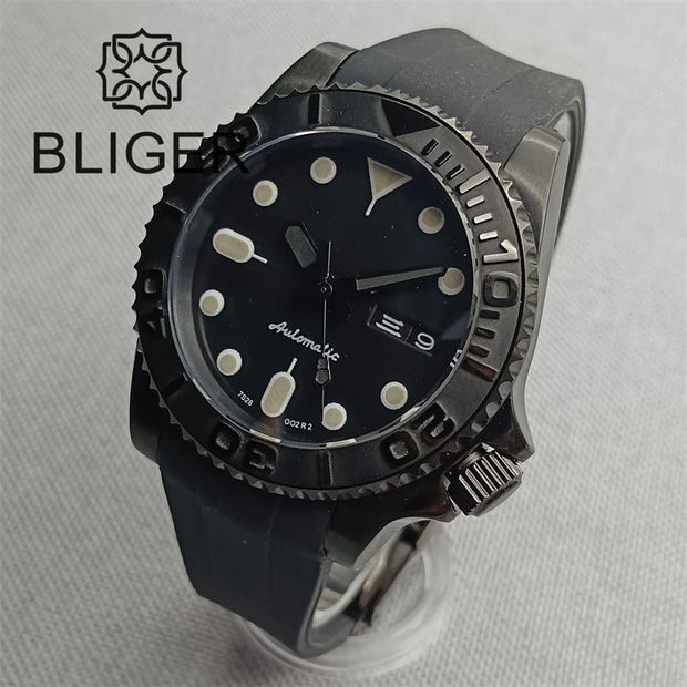 BLIGER 40mm 3.8 O'clock Crown Watch For Men NH36 Movement Week-day Display Function Full Black PVD Case Rubber Strap Waterproof