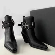 Wedge Single Shoes Four Seasons Square Toe Sleeve Metal Belt Buckle Anti-Slip Wear-Resistant Short Shoes