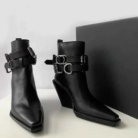 Wedge Single Shoes Four Seasons Square Toe Sleeve Metal Belt Buckle Anti-Slip Wear-Resistant Short Shoes