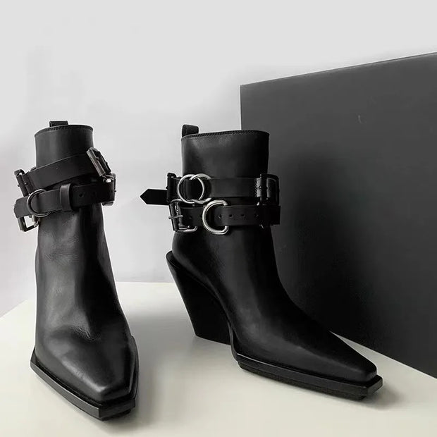 Wedge Single Shoes Four Seasons Square Toe Sleeve Metal Belt Buckle Anti-Slip Wear-Resistant Short Shoes