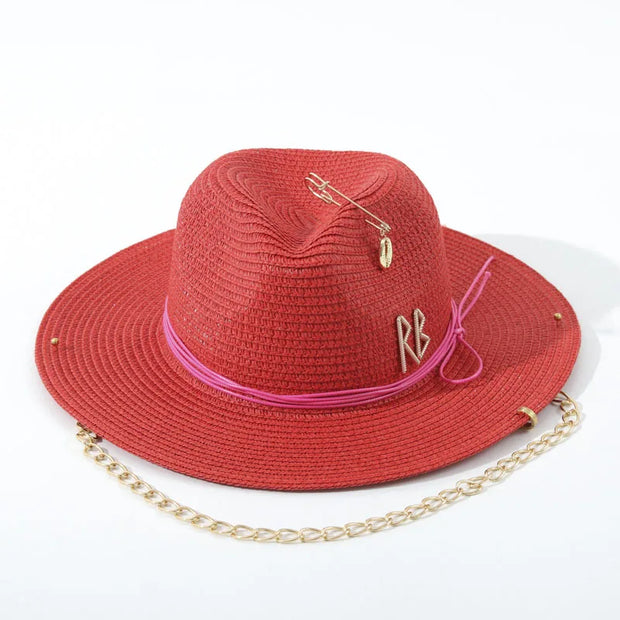 Fashionable Metal Letter Straw Hats for Women Men Summer Outdoor Holidays Beach Sun Hat Panama Hat