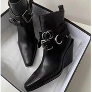 Wedge Single Shoes Four Seasons Square Toe Sleeve Metal Belt Buckle Anti-Slip Wear-Resistant Short Shoes