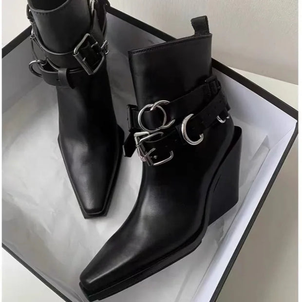 Wedge Single Shoes Four Seasons Square Toe Sleeve Metal Belt Buckle Anti-Slip Wear-Resistant Short Shoes