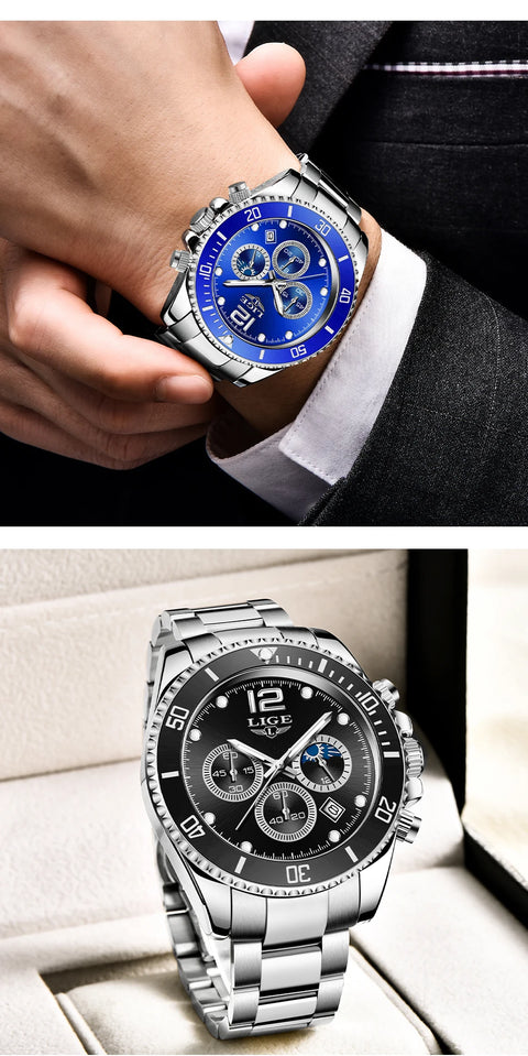 LIGE Men Watch Fashion Full Steel Military Waterproof Quartz Watches for Men Top Brand Luxury Military Chronograph Montre Homme