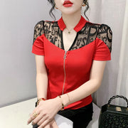 Summer European Clothes Sexy V Necks T-Shirt Women Embroidery Lace Front Zipper Slim Tops