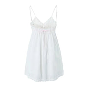 2023 Sexy Pink Spliced Embroidery Lace Deep V neck Mini Sling Dress Women Adjust Bow Ribbon Back Backless Party Robe Holiday