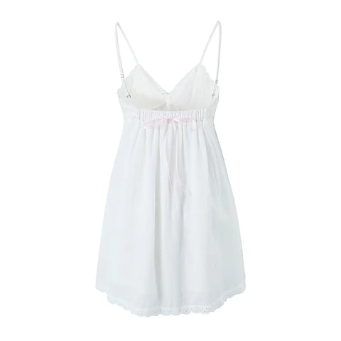 2023 Sexy Pink Spliced Embroidery Lace Deep V neck Mini Sling Dress Women Adjust Bow Ribbon Back Backless Party Robe Holiday