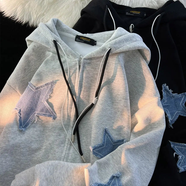 Streetwear Hoodies Women Stars Print Fashion Oversized Outwear Harajuku Casual Hooded Zipper Sweatshirt Jacket Korean Y2k Tops