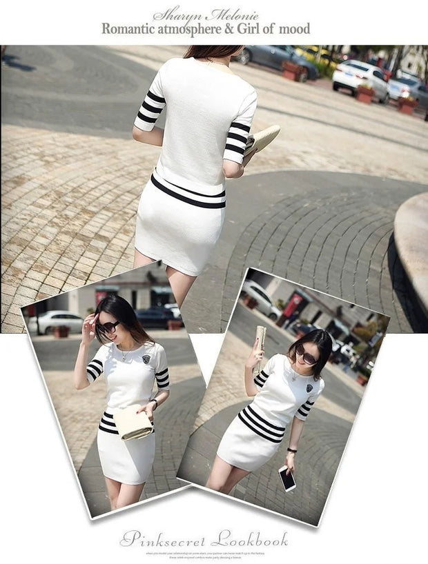 Women's Short Hip Wrap Skirt Suit 2024 Spring Summer New Fashion Stripe Knitted Crop Tops Dress Two Piece Set For Women Clothing