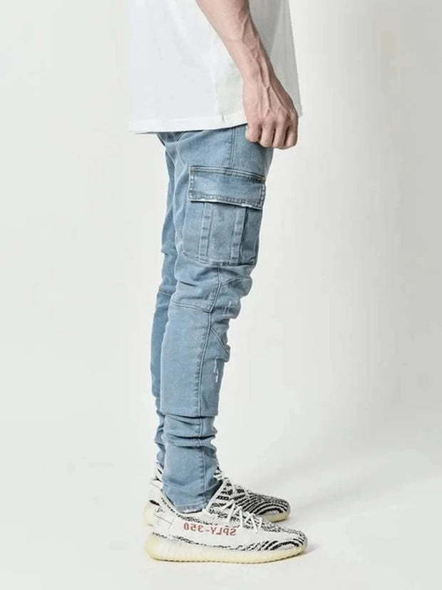 Jeans Men Pants Wash Solid Color Multi Pockets Denim Mid Waist Cargo Jeans Plus Size Fahsion Casual Trousers Male Daily Wear