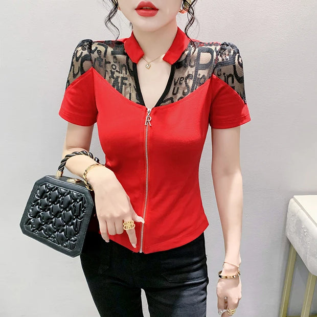 Summer European Clothes Sexy V Necks T-Shirt Women Embroidery Lace Front Zipper Slim Tops