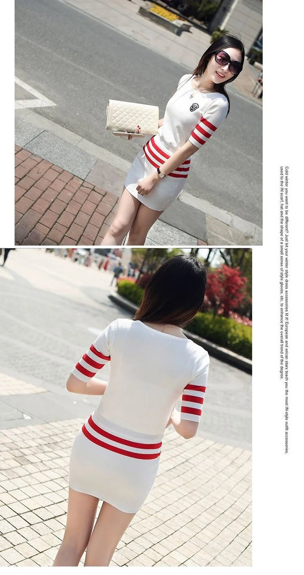 Women's Short Hip Wrap Skirt Suit 2024 Spring Summer New Fashion Stripe Knitted Crop Tops Dress Two Piece Set For Women Clothing