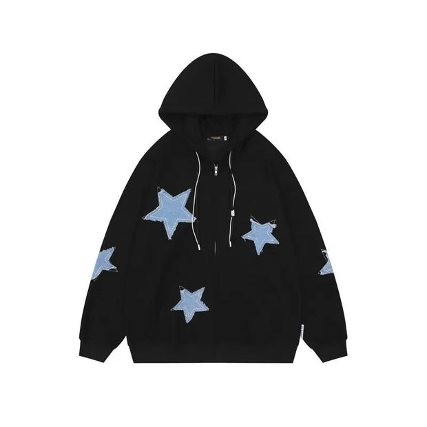 Streetwear Hoodies Women Stars Print Fashion Oversized Outwear Harajuku Casual Hooded Zipper Sweatshirt Jacket Korean Y2k Tops