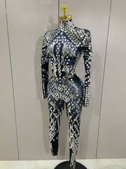 Sexy Shiny Silver Sequins Mirror Black Spandex Jumpsuit 2025 Women Prom Dancer Singer Costume Evening Birthday Show Stage Outfit