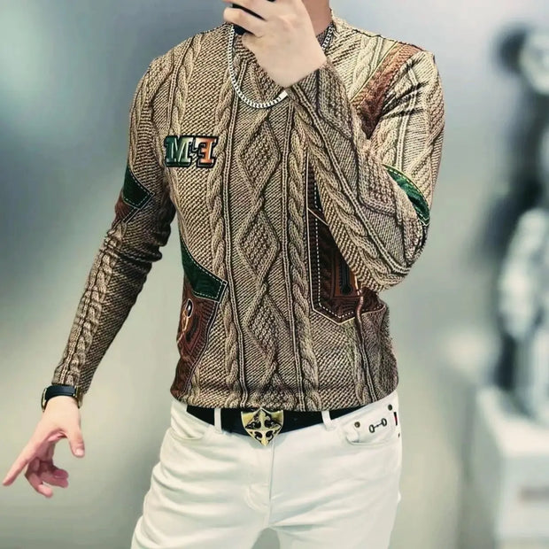 Men Clothing 2024 Autumn Winter Vintage Fashion Print Velvet Thicken Warm Basic T-shirt Male Casual O Neck Long Sleeve Slim Tops