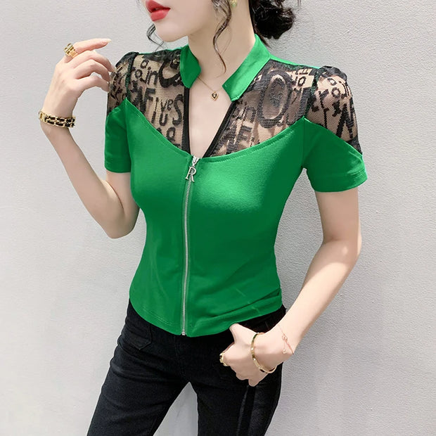 Summer European Clothes Sexy V Necks T-Shirt Women Embroidery Lace Front Zipper Slim Tops