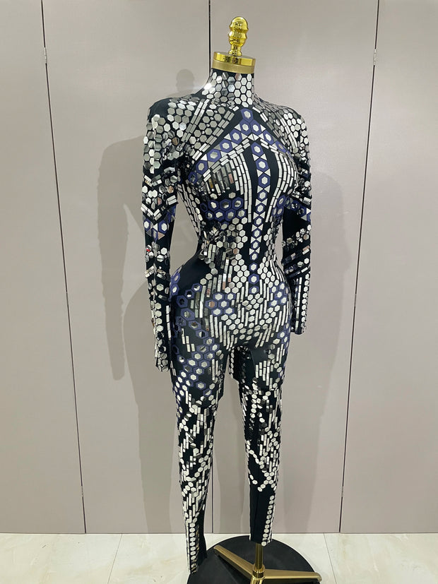 Sexy Shiny Silver Sequins Mirror Black Spandex Jumpsuit 2025 Women Prom Dancer Singer Costume Evening Birthday Show Stage Outfit