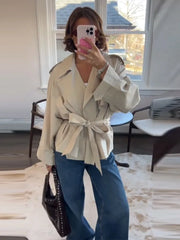 Lace Up Trench Coat With Belt Suit Collar Waist Cinched Slimming Drop Shoulder Short Windbreaker Jacket Retro Casual Outwear