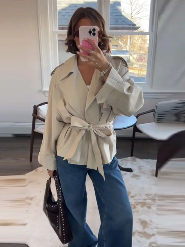 Lace Up Trench Coat With Belt Suit Collar Waist Cinched Slimming Drop Shoulder Short Windbreaker Jacket Retro Casual Outwear