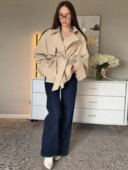 Lace Up Trench Coat With Belt Suit Collar Waist Cinched Slimming Drop Shoulder Short Windbreaker Jacket Retro Casual Outwear