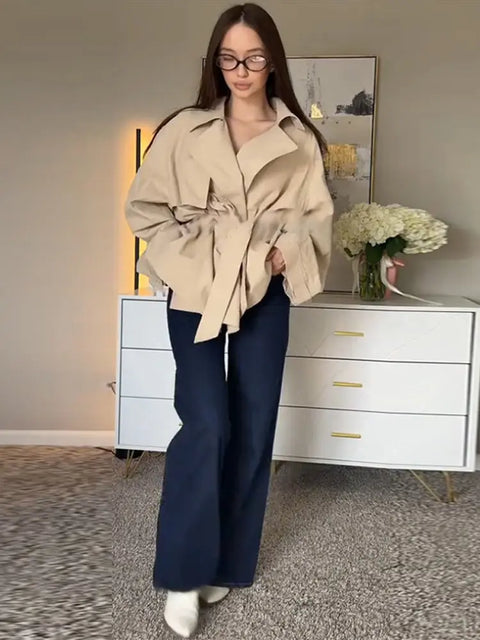 Lace Up Trench Coat With Belt Suit Collar Waist Cinched Slimming Drop Shoulder Short Windbreaker Jacket Retro Casual Outwear