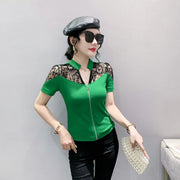 Summer European Clothes Sexy V Necks T-Shirt Women Embroidery Lace Front Zipper Slim Tops