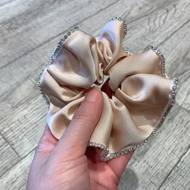 Elegant Solid Satin Scrunchies Elastic Hair Bands for Women Rhinestone Crystal Hairbands Korean Girls Head Tie Hair Accessories