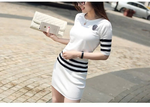 Women's Short Hip Wrap Skirt Suit 2024 Spring Summer New Fashion Stripe Knitted Crop Tops Dress Two Piece Set For Women Clothing