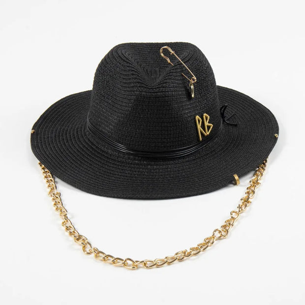Fashionable Metal Letter Straw Hats for Women Men Summer Outdoor Holidays Beach Sun Hat Panama Hat