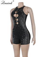Znaiml Crystal Rhinestone Black Short Jumpsuit Club Outfits Women Sleeveless Hollow Out One Pieces Rompers Playsuits Birthday