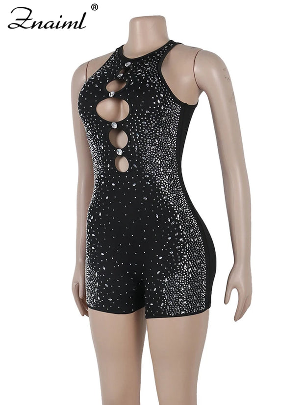 Znaiml Crystal Rhinestone Black Short Jumpsuit Club Outfits Women Sleeveless Hollow Out One Pieces Rompers Playsuits Birthday