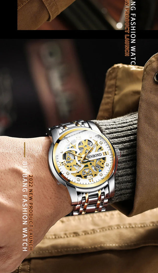 BINBOND Business New Automatic Non-Mechanical Quartz Watches 30M Waterproof Luminous Tourbillon Trendy Hollow Design Men Watches