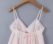 2023 Sexy Pink Spliced Embroidery Lace Deep V neck Mini Sling Dress Women Adjust Bow Ribbon Back Backless Party Robe Holiday