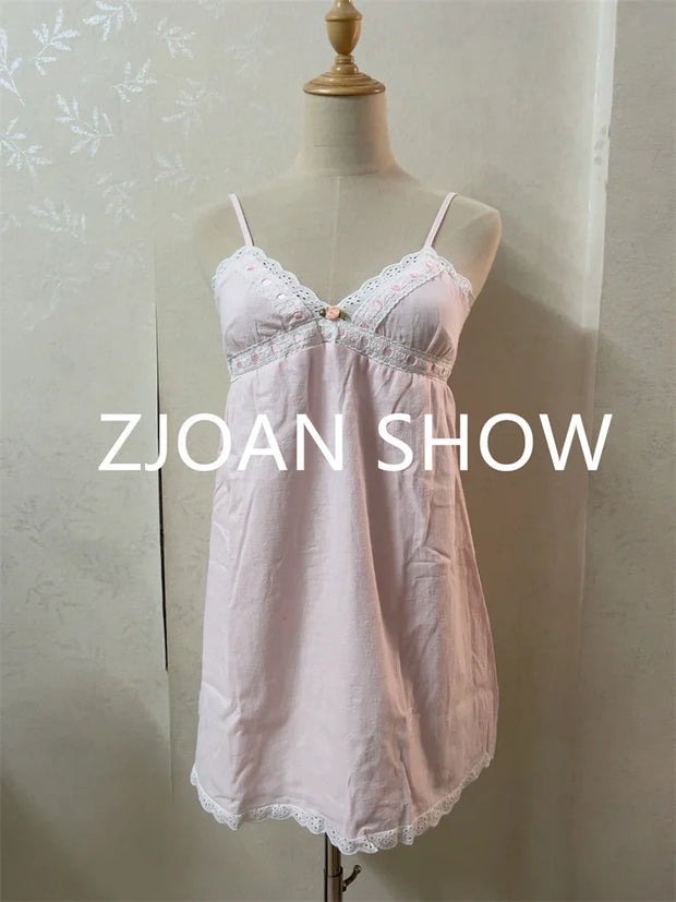 2023 Sexy Pink Spliced Embroidery Lace Deep V neck Mini Sling Dress Women Adjust Bow Ribbon Back Backless Party Robe Holiday