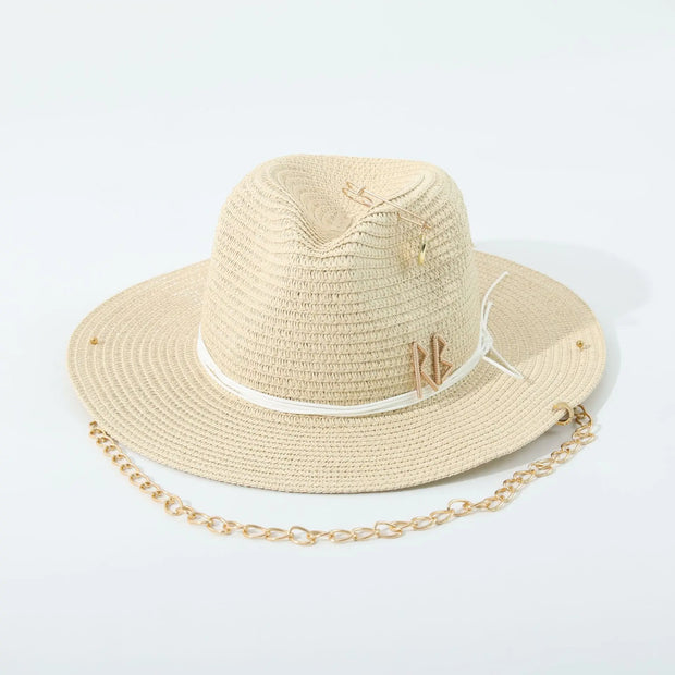 Fashionable Metal Letter Straw Hats for Women Men Summer Outdoor Holidays Beach Sun Hat Panama Hat