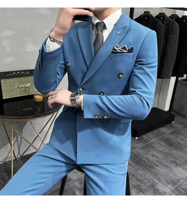 ( Jacket + Pants ) Brand Solid Color Formal Casual Business Office Double Buttons Suit Two-pcs Set Groom Wedding Dress Party