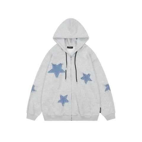 Streetwear Hoodies Women Stars Print Fashion Oversized Outwear Harajuku Casual Hooded Zipper Sweatshirt Jacket Korean Y2k Tops