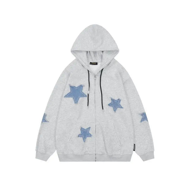 Streetwear Hoodies Women Stars Print Fashion Oversized Outwear Harajuku Casual Hooded Zipper Sweatshirt Jacket Korean Y2k Tops