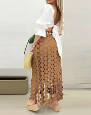 Skirts for Women 2025 Spring New Solid Color Hollow-Out Boho Tassel Slim Fit Bodycon High Waist Casual Daily Long Skirt