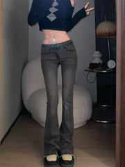 Flare Gray Pants for Woman Bell Bottom Women's Jeans Flared with Pockets Trousers Low Rise Waist 2000s Y2k Good Quality R Summer