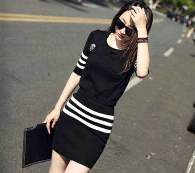 Women's Short Hip Wrap Skirt Suit 2024 Spring Summer New Fashion Stripe Knitted Crop Tops Dress Two Piece Set For Women Clothing