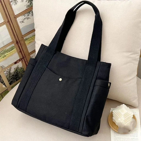 Canvas Commuter Women's Bag Large Capacity Multi Outer Pocket Zip Shoulder Bag Student Shopping Tote Bag