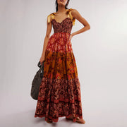 Imcute Women Summer Dresses Flowy Smocked Maxi Dress Sleeveless Tie Shoulder Boho Dresses Y2K Floral Beach Sundresses