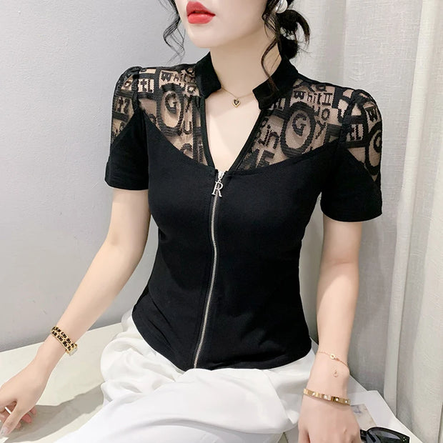Summer European Clothes Sexy V Necks T-Shirt Women Embroidery Lace Front Zipper Slim Tops