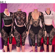 HLJ Y2K Sexy Lace Two Piece Set for Woman Letter Printing See Through Long Sleeve Crop Top + Shorts Suits Female Streetwear New