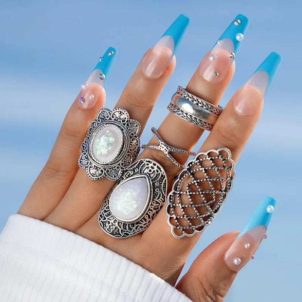 Tocona 5pcs/sets Vintage Silver Color Geometric Joint Ring for Women Black Crystal Stone Cross Party Jewelry Accessories 17196