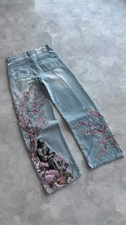 Y2k Vintage Baggy Cherry Blossom Knight Embroidery Jeans Fashion Men Women Streetwear Straight Wide Leg Patchwork Denim Pants