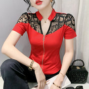 Summer European Clothes Sexy V Necks T-Shirt Women Embroidery Lace Front Zipper Slim Tops