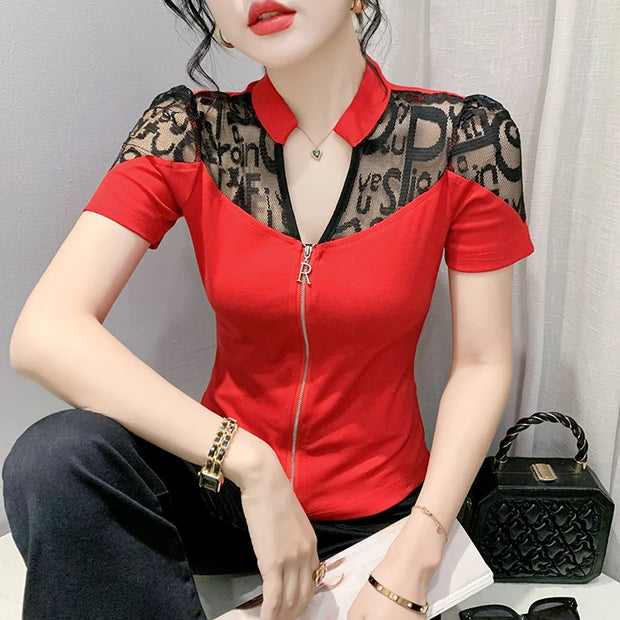 Summer European Clothes Sexy V Necks T-Shirt Women Embroidery Lace Front Zipper Slim Tops