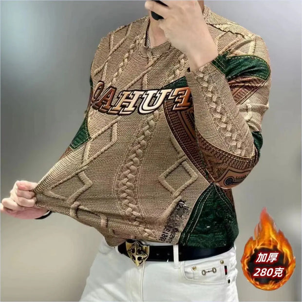 Men Clothing 2024 Autumn Winter Vintage Fashion Print Velvet Thicken Warm Basic T-shirt Male Casual O Neck Long Sleeve Slim Tops